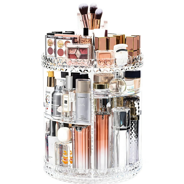 Makeup Organizer, 360 Degree Rotating Cosmetic Storage Organizer, 7-Layer Adjustable Makeup Display Case, Fits Jewelry Makeup Brushes and Lipsticks, Clear Acrylic