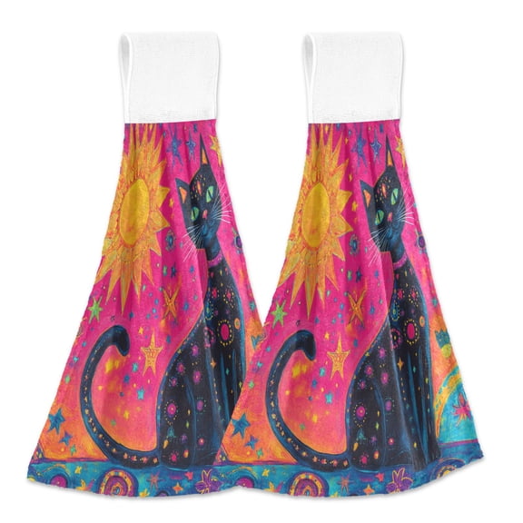 BZSMCE Hanging Hand Towels Fashion Radiant Feline Pattern 2-Pack - Velcro Style Bathroom Kitchen Towels