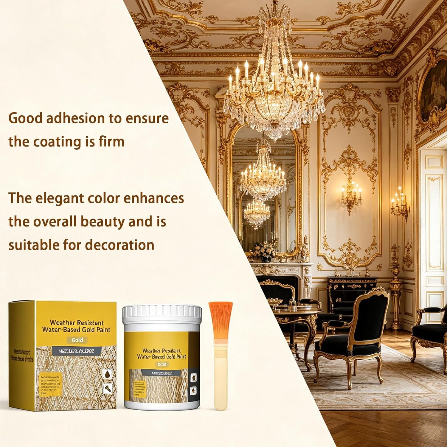 Water Based Weather Resistant Gold Paint, Metallic Gold Paint for Metal, Wood, Crafts and Canvas, High Gloss Gold Leaf Paint for Furniture and Home Decor, Quick Drying Gold Acrylic Paint (1Pc)