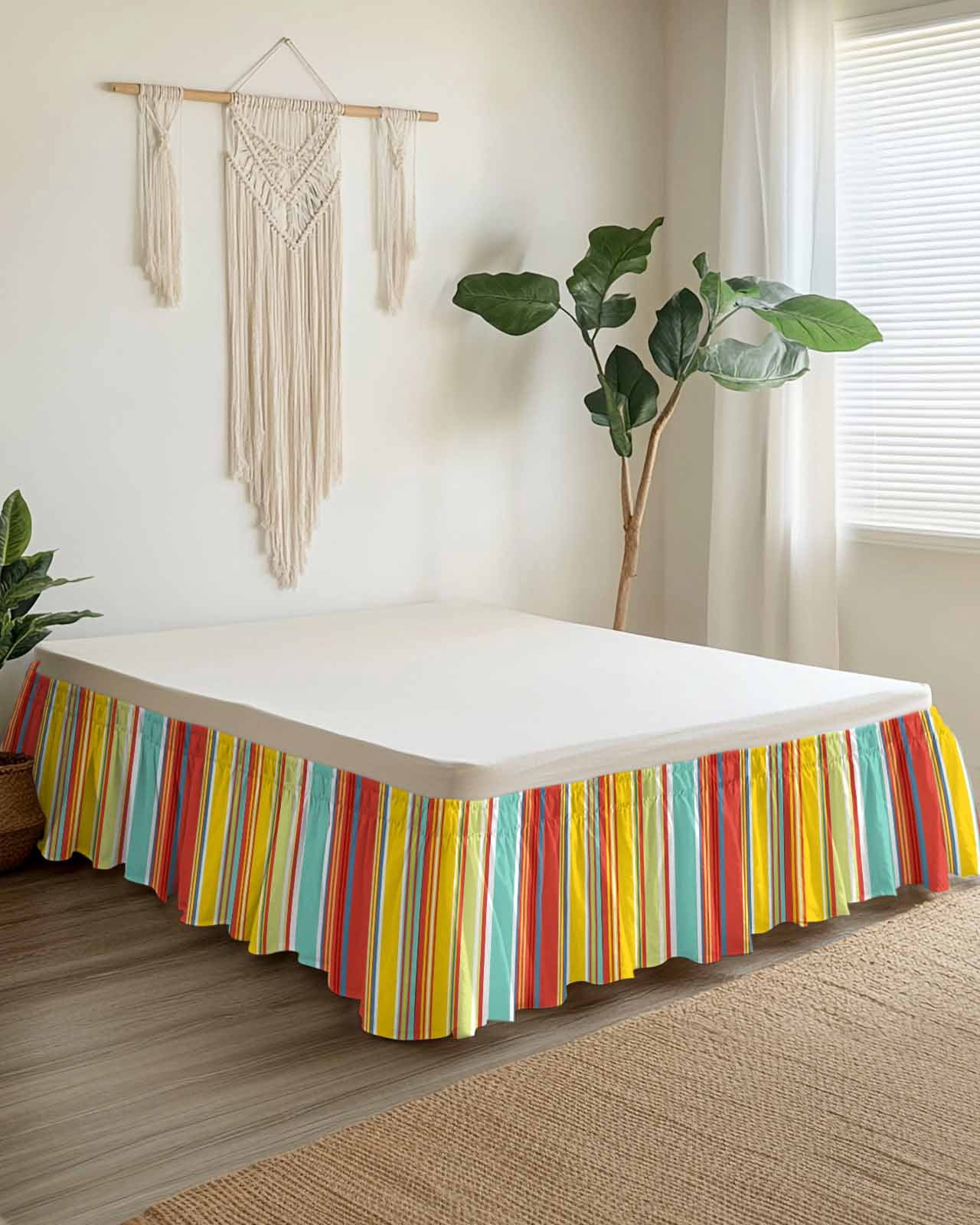 Red Aqua Stripe Wrap Around Bed Skirts for Queen Bed 16" Drop,Bed Skirt with Adjustable Elastic Belt Dust Ruffle Bed Valance for Bedroom Hotel Country Abstract Art Colorful Striped Bed Frame Cover