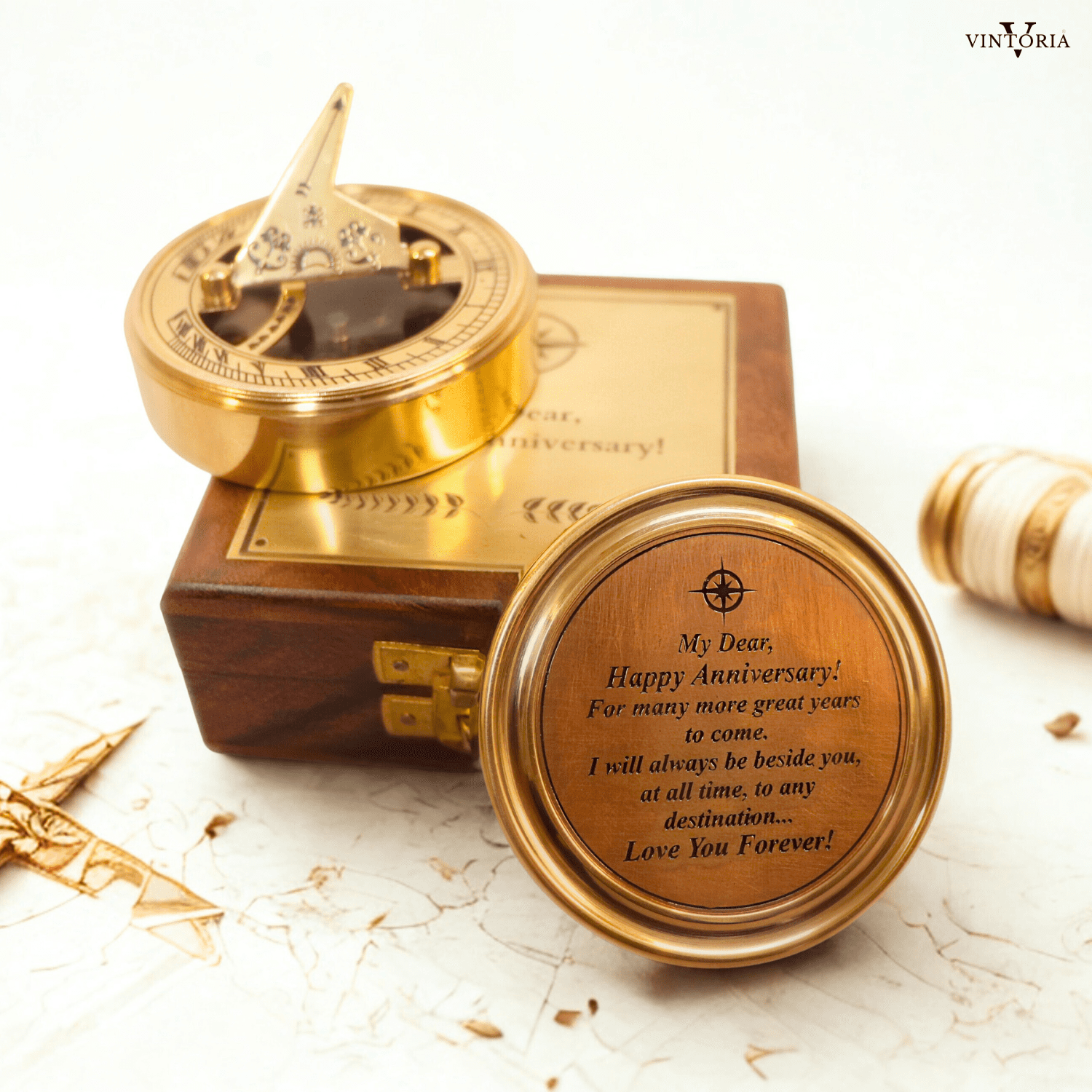 Brass Anniversary Sundial Compass with Wooden Box 2.5" Vintage Nautical Gift