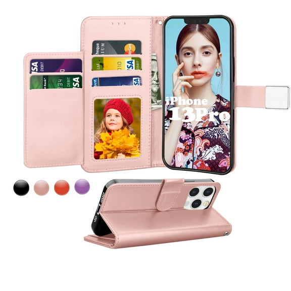 iPhone 13 Pro Case, iPhone 13 Pro Wallet Case, iPhone 13 Pro PU Leather Case, Njjex [Kickstand] Luxury PU Leather Wallet Case Flip Folio Cover [Card Slots] [Wrist Strap] -Rose Gold