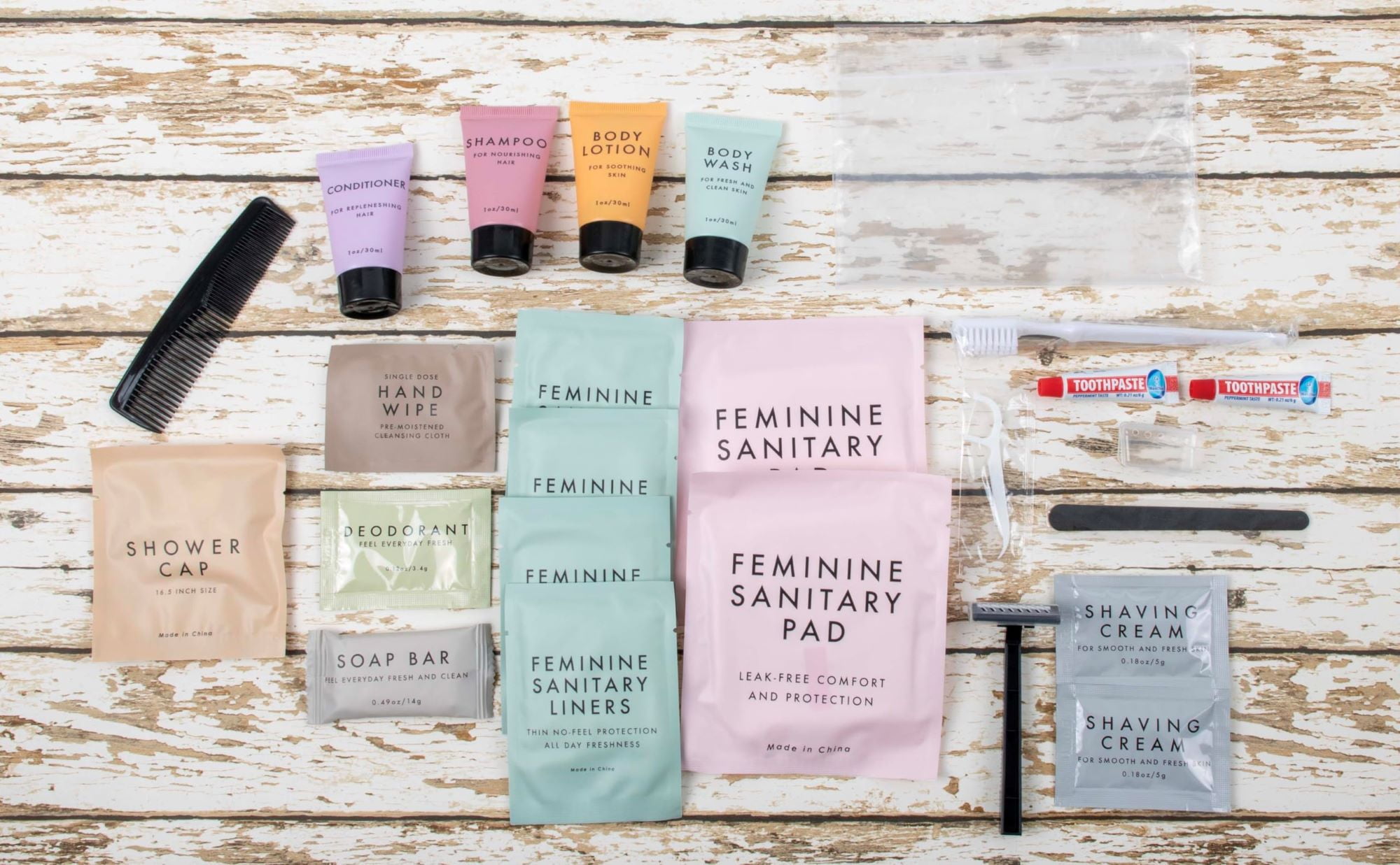 50 pack Trail maker 25 Piece Feminine Hygiene Travel Size Toiletry Kits Containing Shampoo, Conditioner & More!