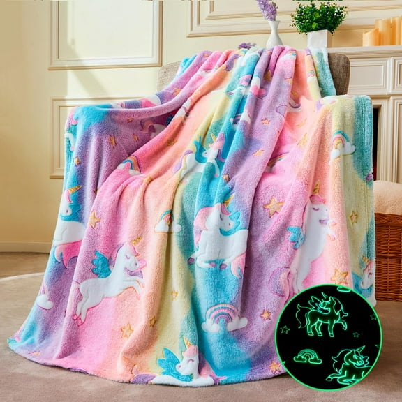 Glow in The Dark Blanket - Unicorns Gifts Toys for Girls Age 2 3 4 5 6 7 8 9 10 11 12 Year Old - Soft Cozy Flannel Kids Throw Blanket, Birthday Bedroom Decor 50"×60"