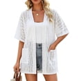 thumbnail image 2 of IYYVV Womens Crochet Beach Cover Up Kimono Short Sleeve Swimsuit Coverup Open Front Summer Cardigan with Pockets White L, 2 of 8