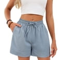 thumbnail image 2 of Aueoeo Women's Comfortable Solid Color Drawstring Waist Casual Shorts with Pockets – Ideal for Summer Wear,Blue,M, 2 of 8