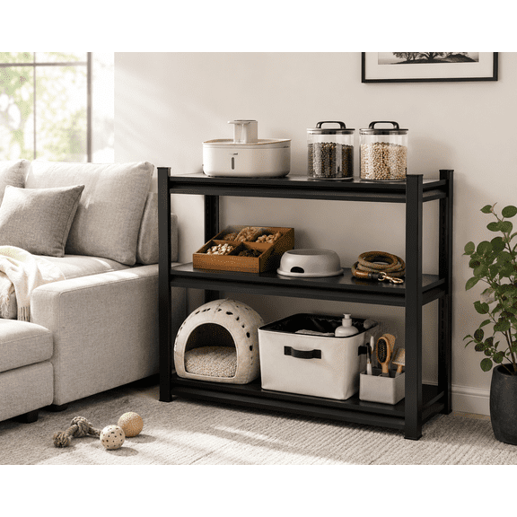 3 Tier Long Slim Black Steel Bookshelf Shelf, 35.4"W11.8"D31.5"H Freestanding Bookcase Shelving Rack Organizer, Side Table Print Stand for Pantry Garage Wall Side Storage