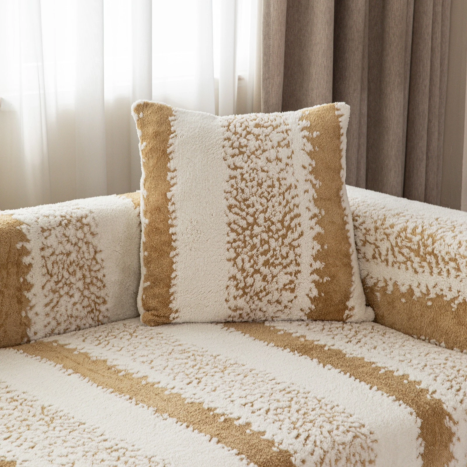 TOPCHANCES Stretch Stripe Sofa Covers, Soft Cotton Blend Velvet Fabric Armchair Loveseat Sofa Slipcover, Non-slip Couch Protector Settee Cover, Friendly to Pets (4-Seater Sofa Cover, Stripe Khaki)