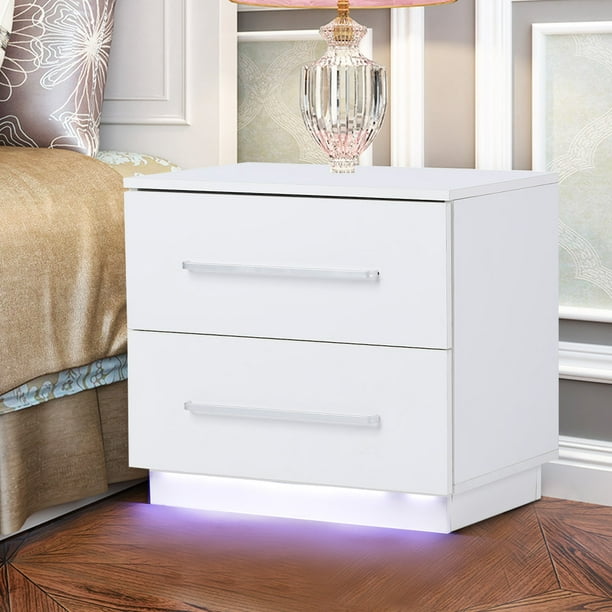 Doact Bedroom Led Night Stand Bedside Table Furniture Storage With 2 Drawers Us Plug 100 240v Led Shelves Bedside Table Walmart Com Walmart Com