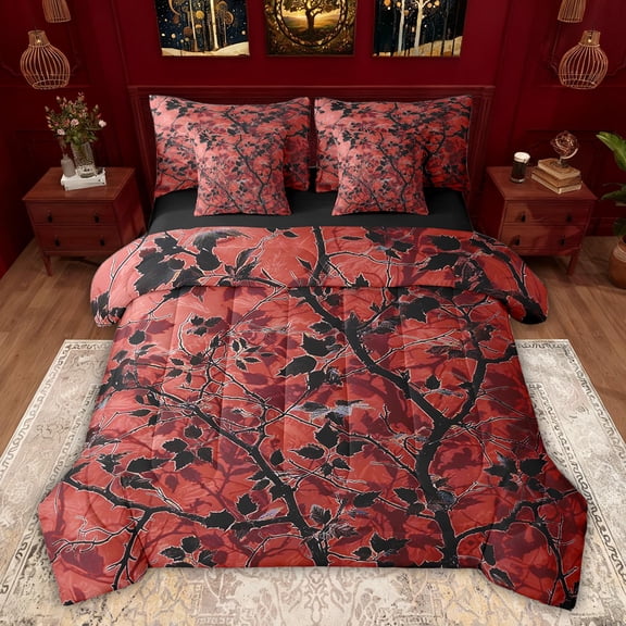 Feelyou Red Rustic Leaves Bedding Comforter Set 7pcs, Branches Botabical Queen Bedding Sets, Teens Adult Women Men Reversible Queen Sheet Sets, Microfiber Bedroom Decor