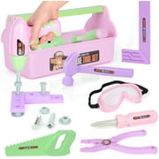 STEM Kids Tool Set, 18 Pieces Kids Tool Set Pretend Play Construction Tool Accessories with a Tool Box Including Toy Electric Drill for Toddlers Kids Boys and Girls(Pink)