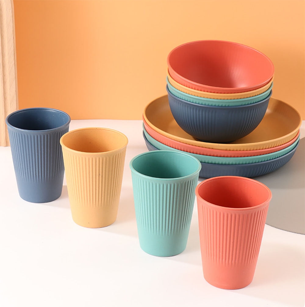 Axidou Wheat Straw Dinnerware Sets, 42 PCS Plastic Plates and Bowls Sets, Travel Camping Cutlery Set
