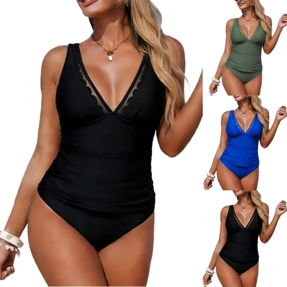 Mifsaly Women's Tummy Control One Piece Swimsuit Deep V Neck Scalloped Trim Mesh Inset Bathing Suit Ruched Slim Fit Monokini Flattering Swimwear XXL