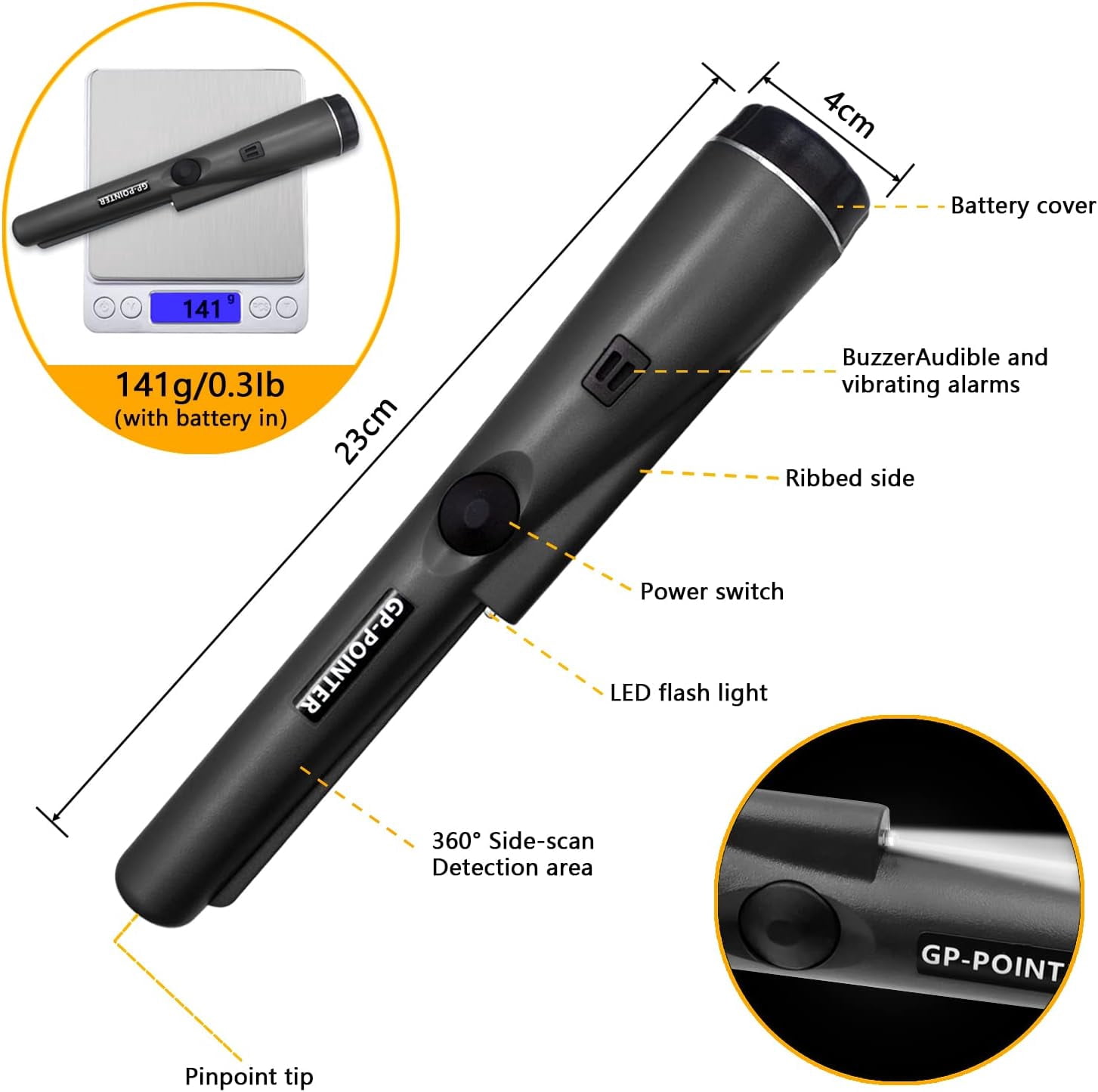SYITOOCK Metal Detector Pinpointer, Professional Handheld Pin Pointer Wand, 360°Search Treasure Pinpointing Finder Probe with Belt Holster, Black