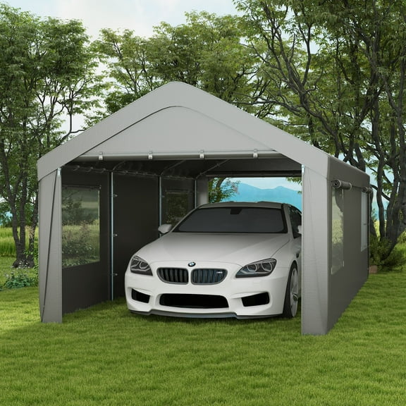 Outsunny 10' x 20' Carport Canopy, Heavy Duty w/ 4 Windows, 2 Doors, Gray
