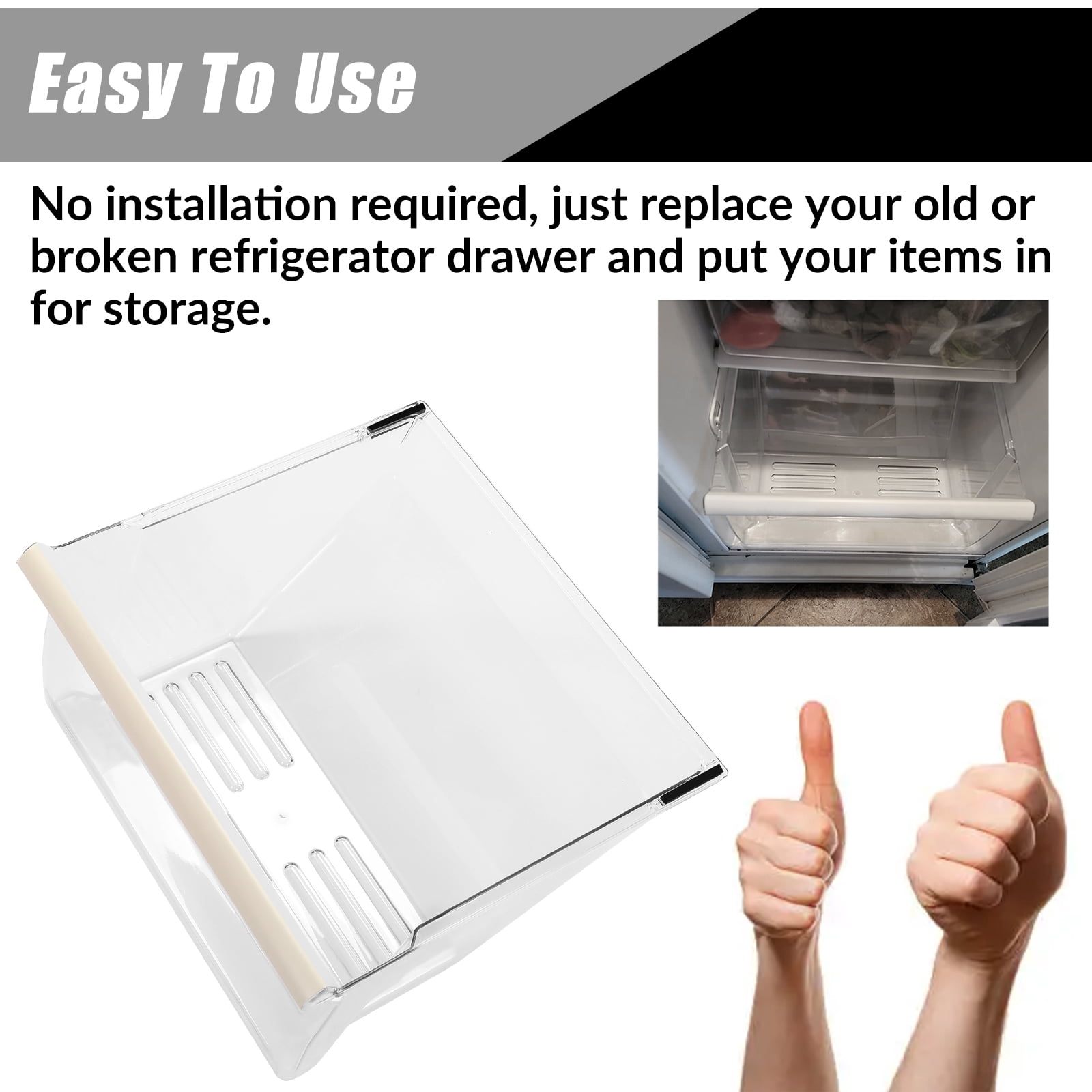Kojem WP 2188664, Frigidaire Crisper Pan Drawer Bin, Replacement Fit for Whirlpool, Kenmore, Maytag, Refrigerator, Clear Crisper Pan Bottom Drawer