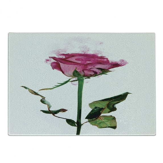 Vintage Rose Cutting Board, Single Rose Flower Branch Smoking Look Illustration, Decorative Tempered Glass Cutting and Serving Board, in 3 Sizes, by Ambesonne