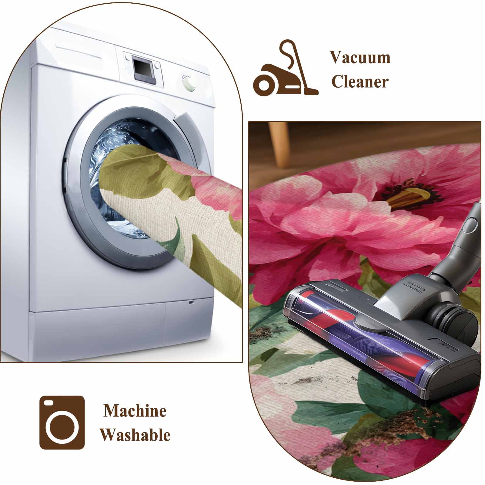 Pink Flowers Area Rugs 5'x7', Small Throw Rugs for Laundry Room Playroom, Spring Watercolor Floral Leaves Plants Beige Indoor Outdoor Rug Non-Slip Low Pile Carpet Runner Reversible Floor Mats