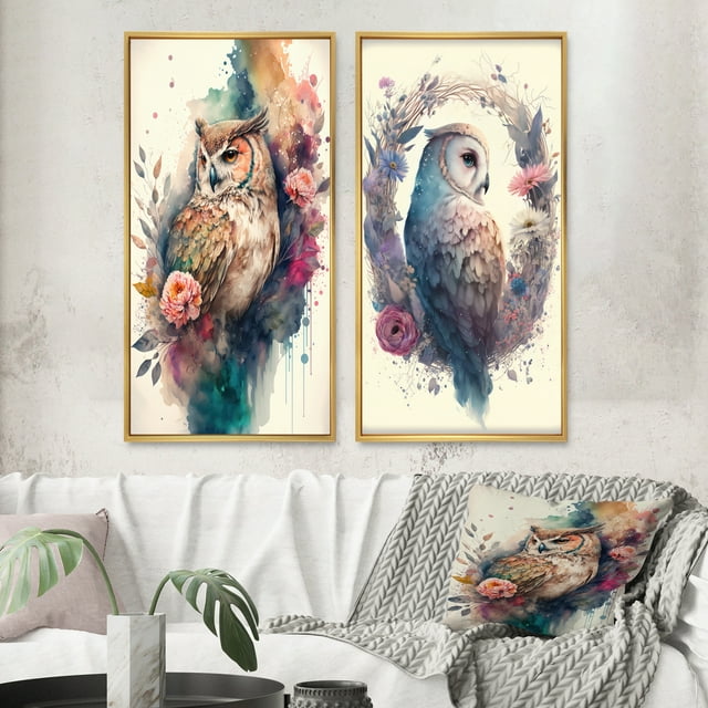 Designart "Adorable Owls Among Flowers II" Owl Framed Wall Art Set Of 2 - Multicolor Animals Framed Canvas Set For Living Room Decor