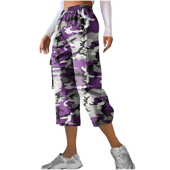 Endives Women's Casual Camouflage Print Cargo Pants Stretch Elastic Waist Tapered Pants With Pockets