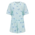 thumbnail image 5 of 2 Piece Short Pajama Set for Women Stylish Print Crew Neck Short Sleeve Tee Shorts Loose Casual Sleepwear Blue S, 5 of 9