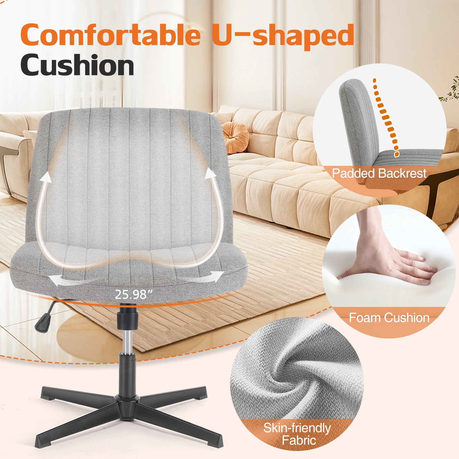 MAYEERTY Armless Criss Cross Chair Office Chair Vanity Chair for Home Office，Gray
