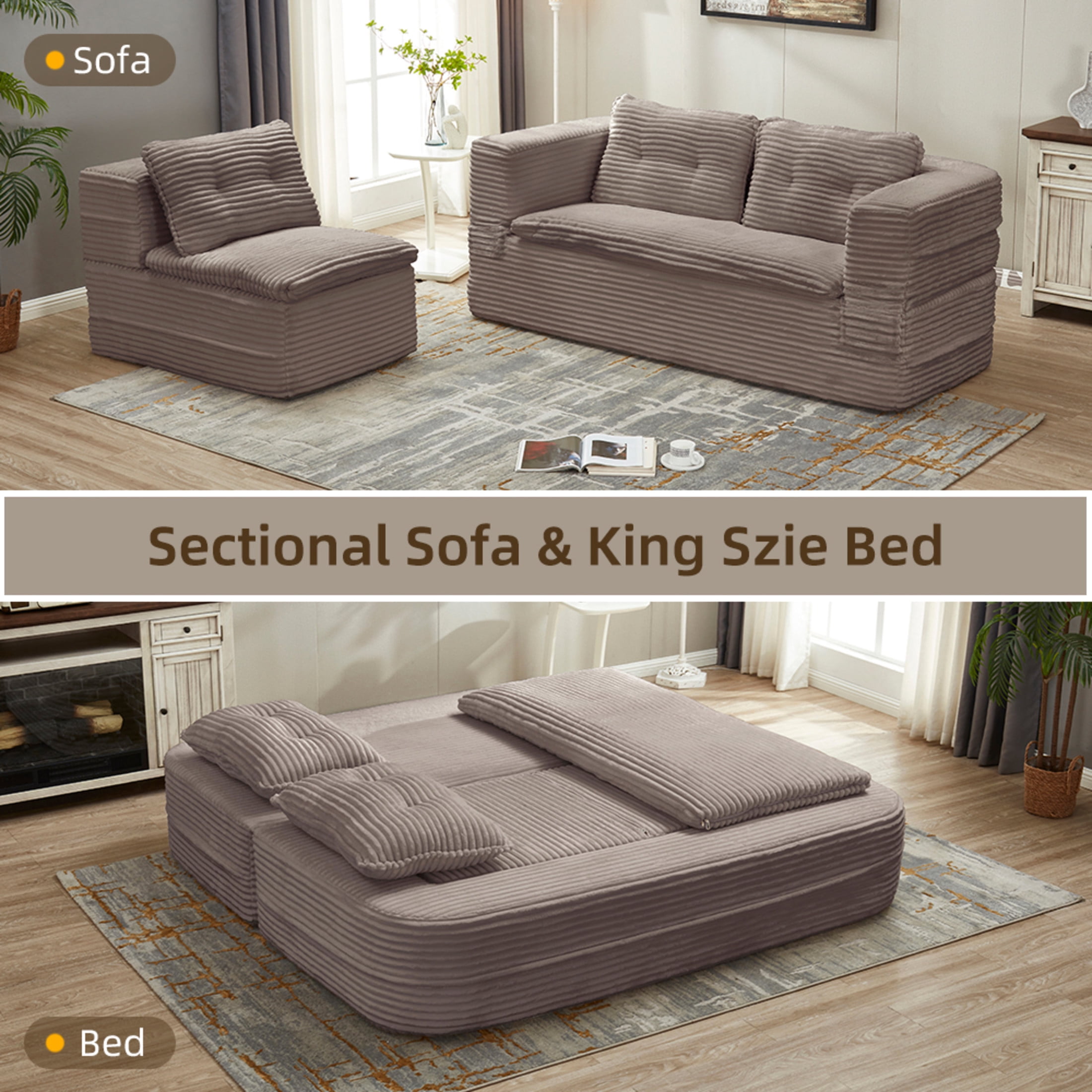 Noble House 80" Convertible Sectional Sofa Bed, Plush Corduroy King Size Sleeper with Chaise, Living Room, Coffee