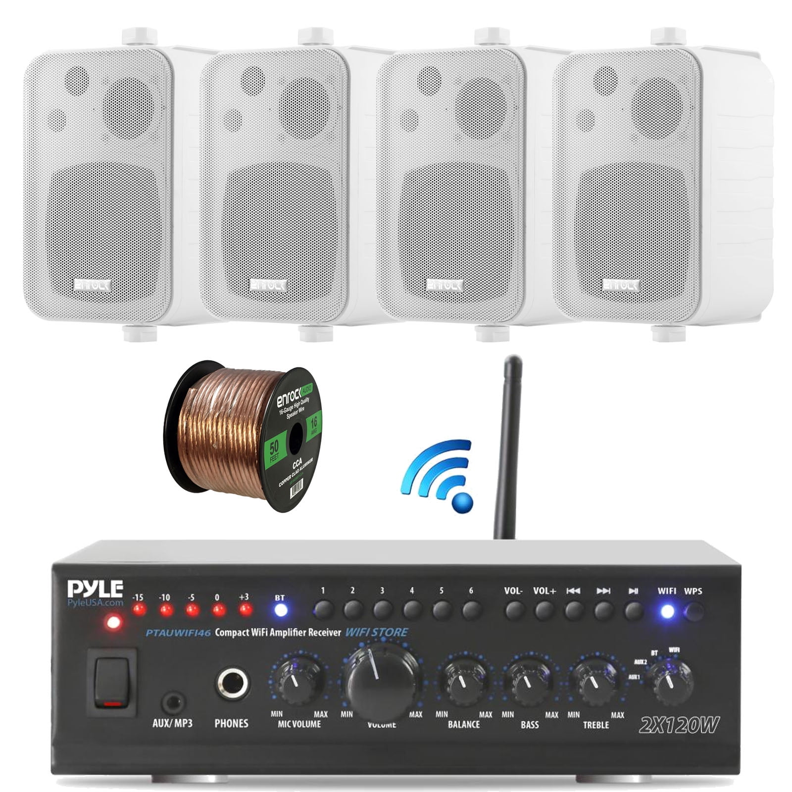 Pyle 200 Watt Bluetooth Receiver 4x 8'' 2-Way In-Ceiling Speakers Speaker Wire 