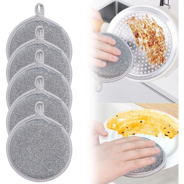 2025 New Multifuctional Wire Dishwashing Rags for Wet and Dry, Round Multipurpose Double Layer Non Scratch Wire Dishcloth Cleaning Washing Cloth for Kitchen Sinks Household Supplies (5 Pack) 5 Pack 5