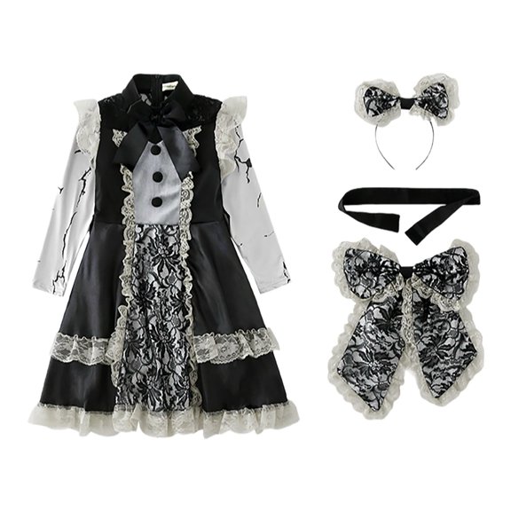 XXWXYD Girls Black-and White Halloween Dress Set - Long Sleeve Lace Trim Party Dress with Matching Headpiece and Ribbon Accessories, Elegant Costum𝖾 Outfit for Kids Holiday Dress Up and Events