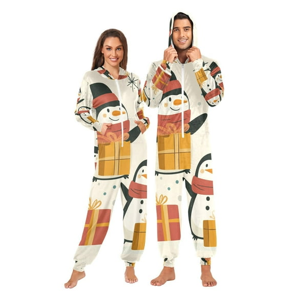 Penguins with Gifts Adult Onesie Pajamas Slim Fit Christmas One Piece Suit Pjs for Women and Men Hooded Zipper