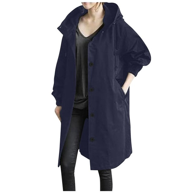 CNKOO Women‘s Plus Size Solid Color Button Pocket Recreational Hooded Long Sleeve Windbreaker Coat Tops
