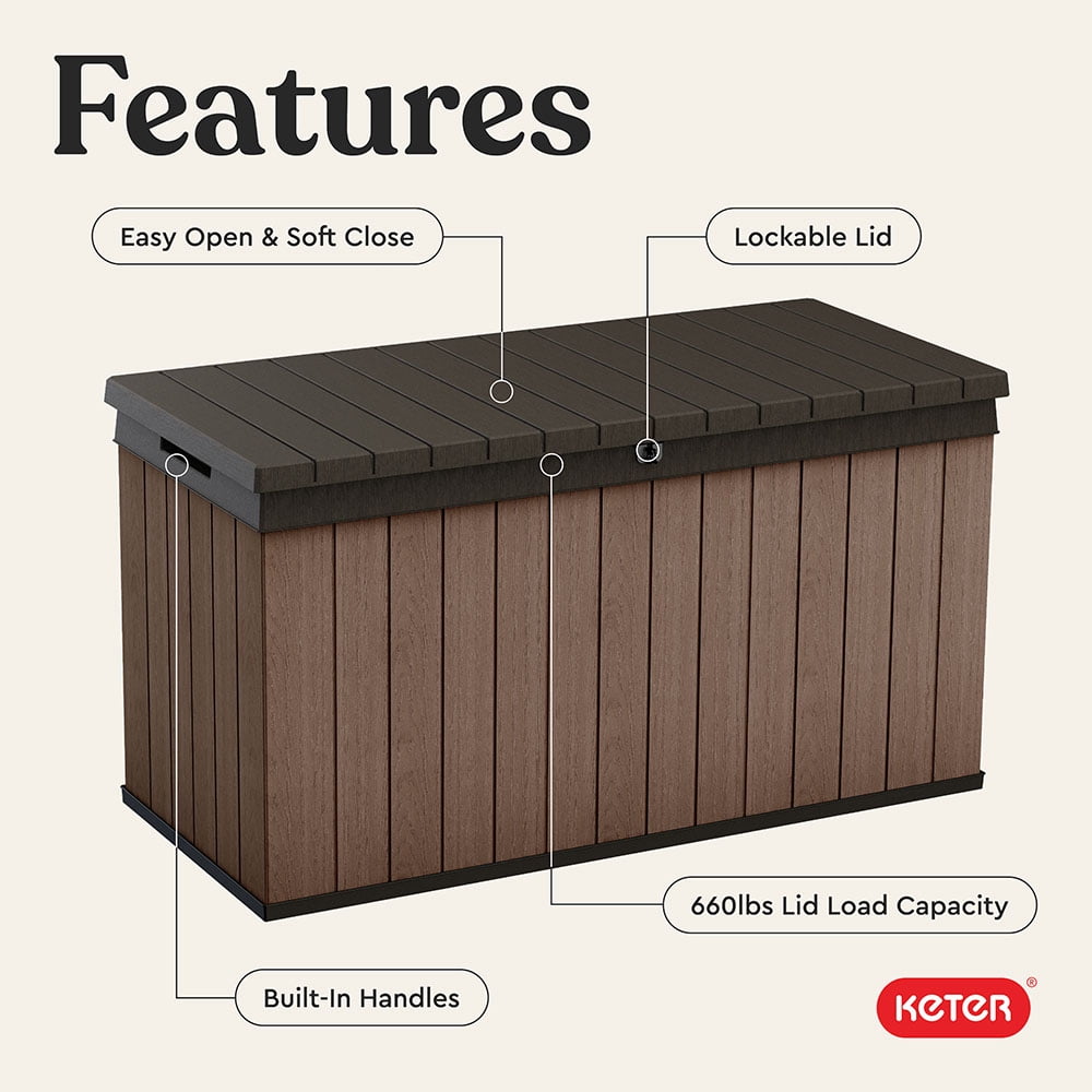 Keter Darwin 150 Gallon Resin Large Deck Box - Organization and Storage for Patio Furniture, Outdoor Cushions, Garden Tools and Pool Toys, Brown
