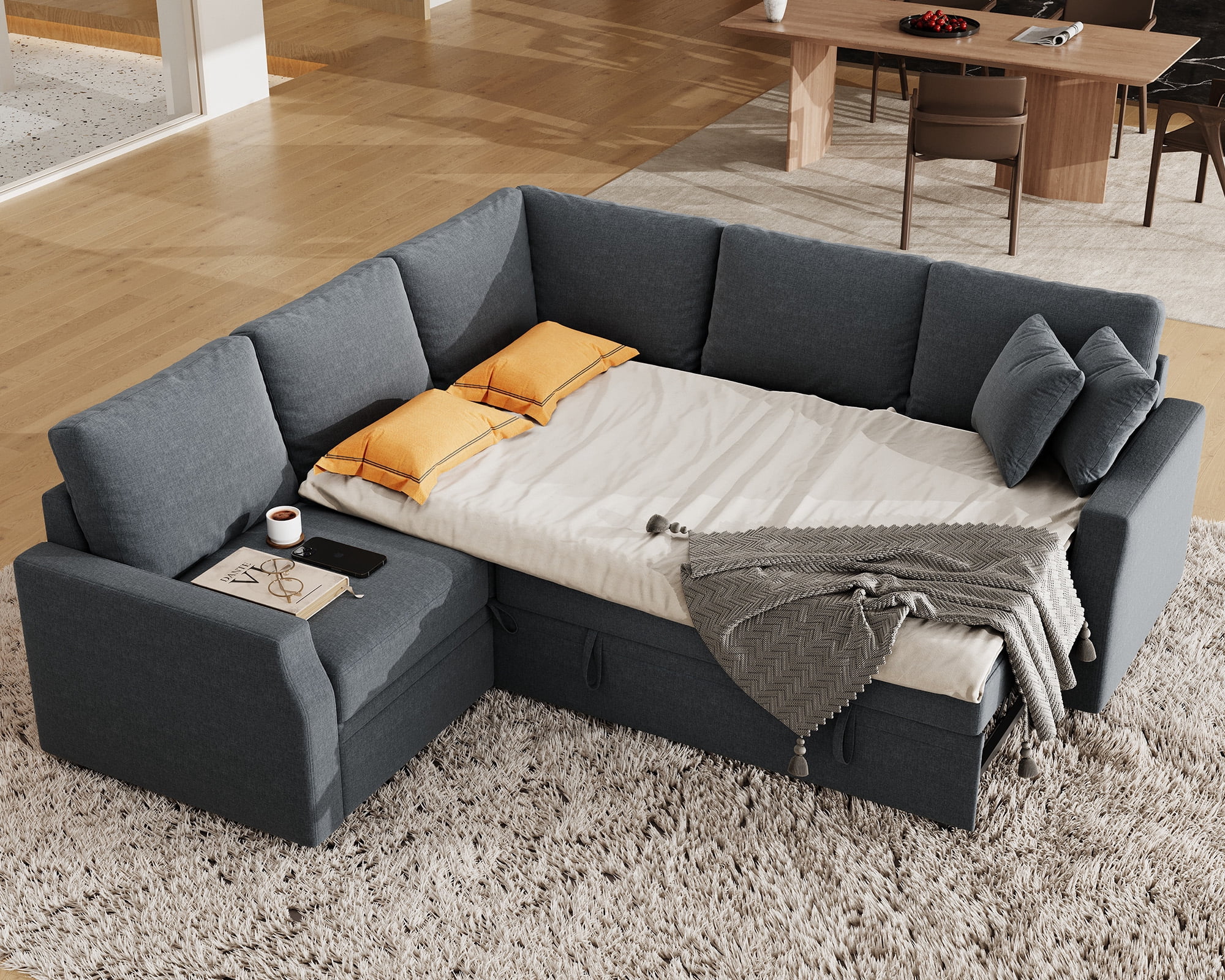 VANACC 85" L Shaped Sleeper Sofa Bed with Pull Out Bed and Storage Seat, Grey Linen Sectional Couch for Living Room Apartment