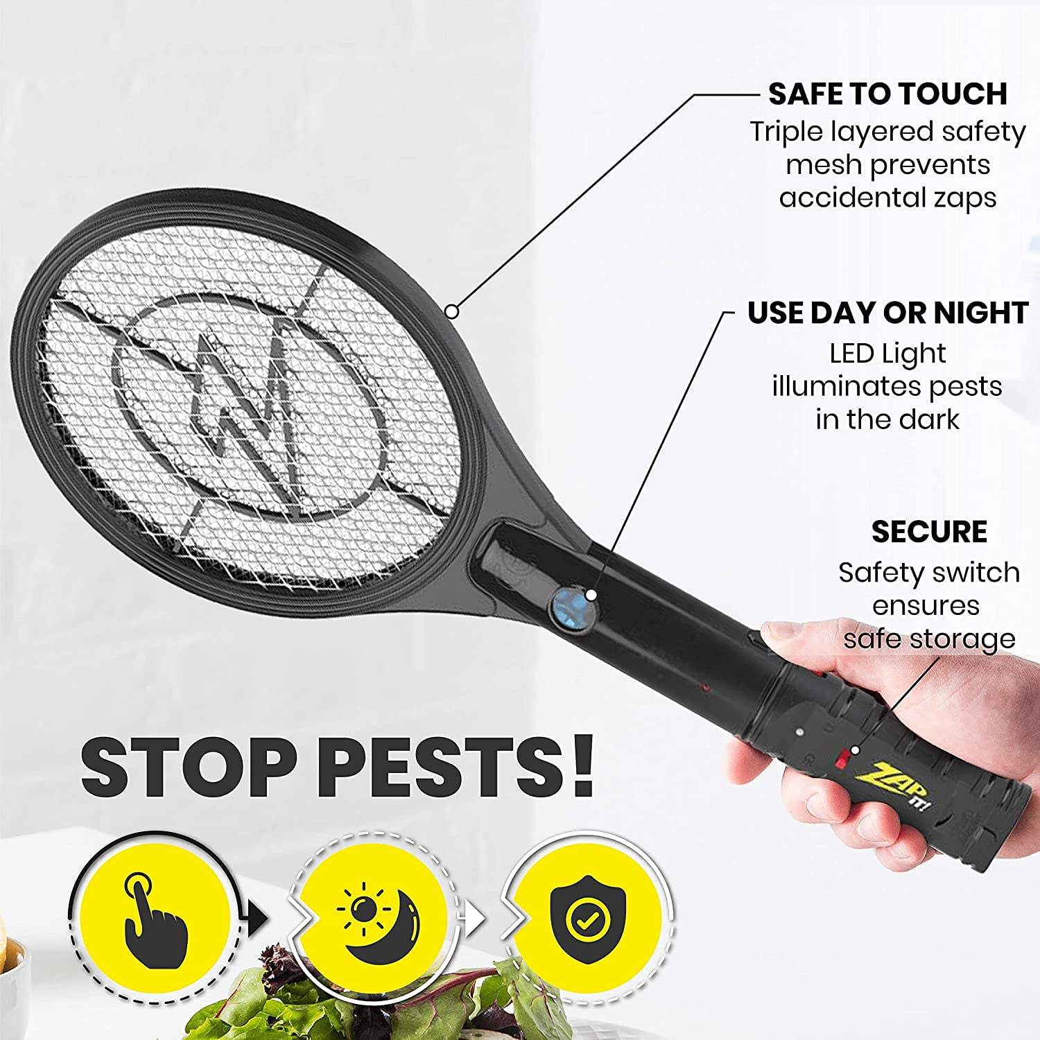 Zap It! Bug Zapper Rechargeable Racket, 4,000 Volt, USB Charging Cable, 2 Pack (Mini, Black)