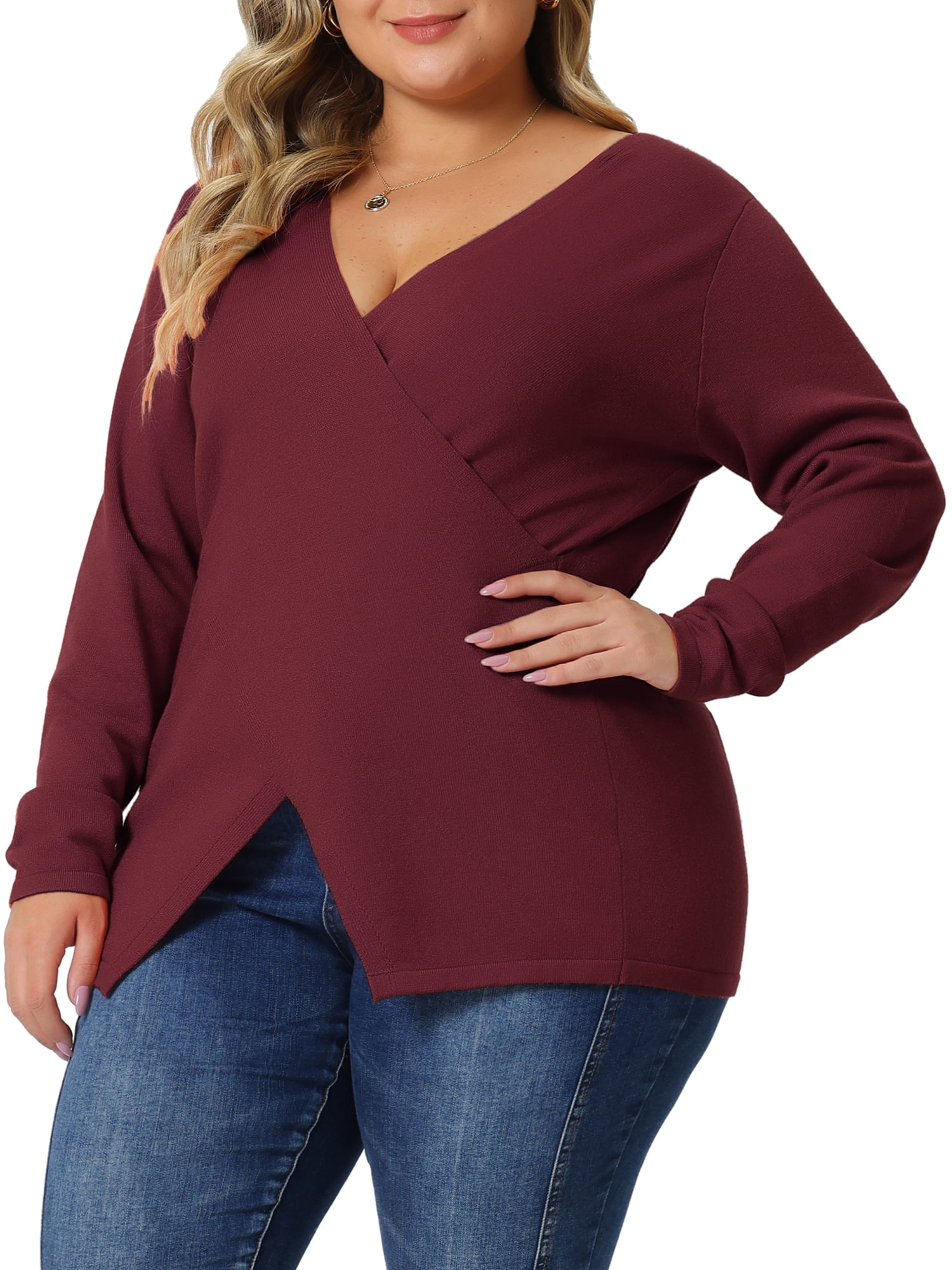 Unique Bargains Women's Plus Size Knitted Deep V Neck Wrap Criss Cross Cable Knit Sweater 2X Red