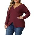 thumbnail image 4 of Unique Bargains Women's Plus Size Knitted Deep V Neck Wrap Criss Cross Cable Knit Sweater 1X Red, 4 of 6