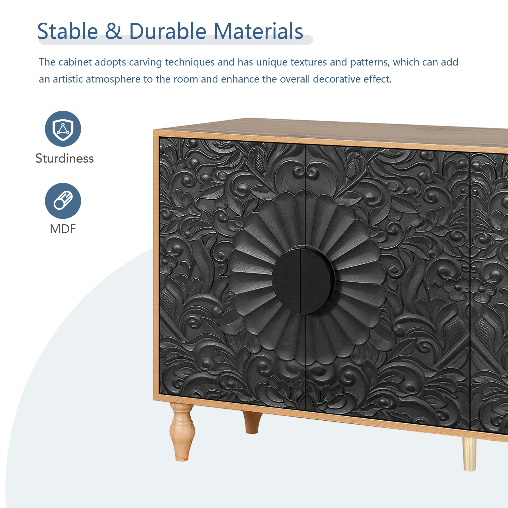 Aukfa 63" Large Accent Storage Cabinet TV Stand with Carved Door for Living Room,Entryway,Brown