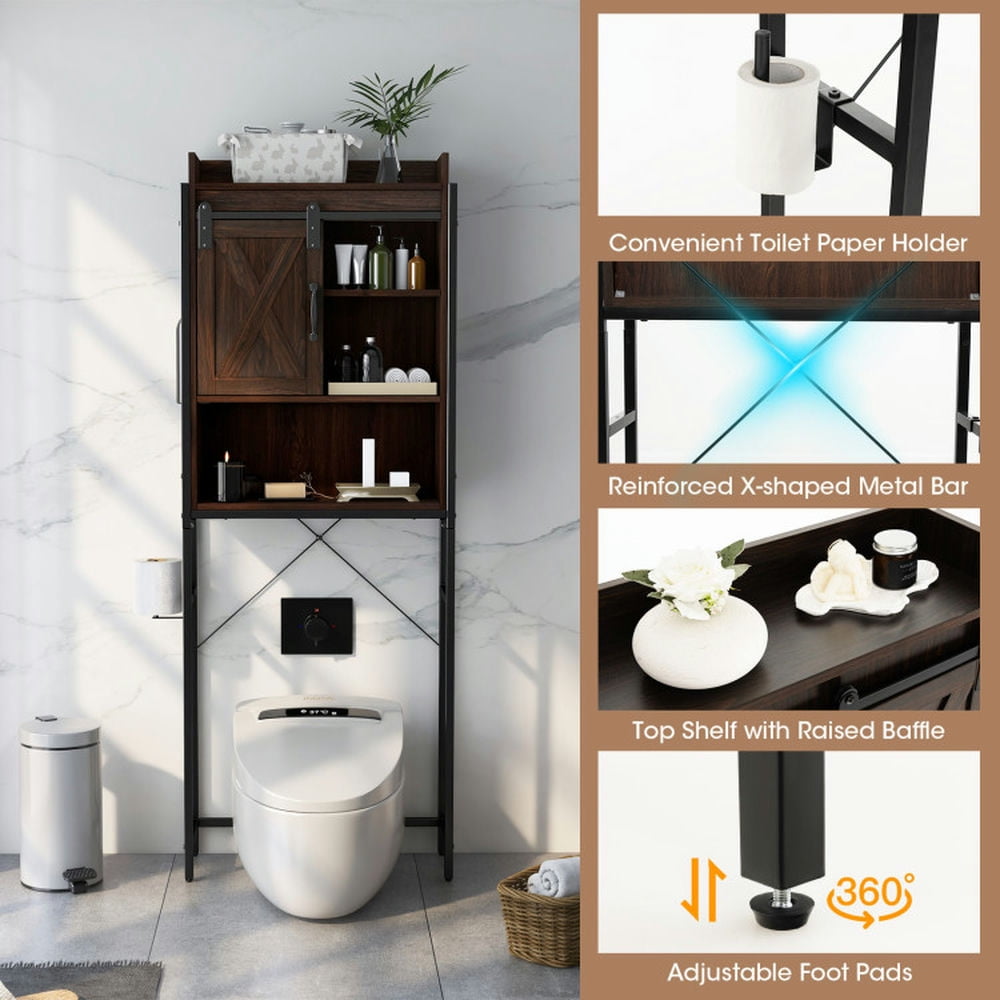 Finihen Toilet Storage Cabinet, Bathroom Cabinet Organizer, 4-Tier Multifunctional Toilet Storage Cabinet with Adjustable Shelf and Sliding Barn Door, for Bathroom, Brown