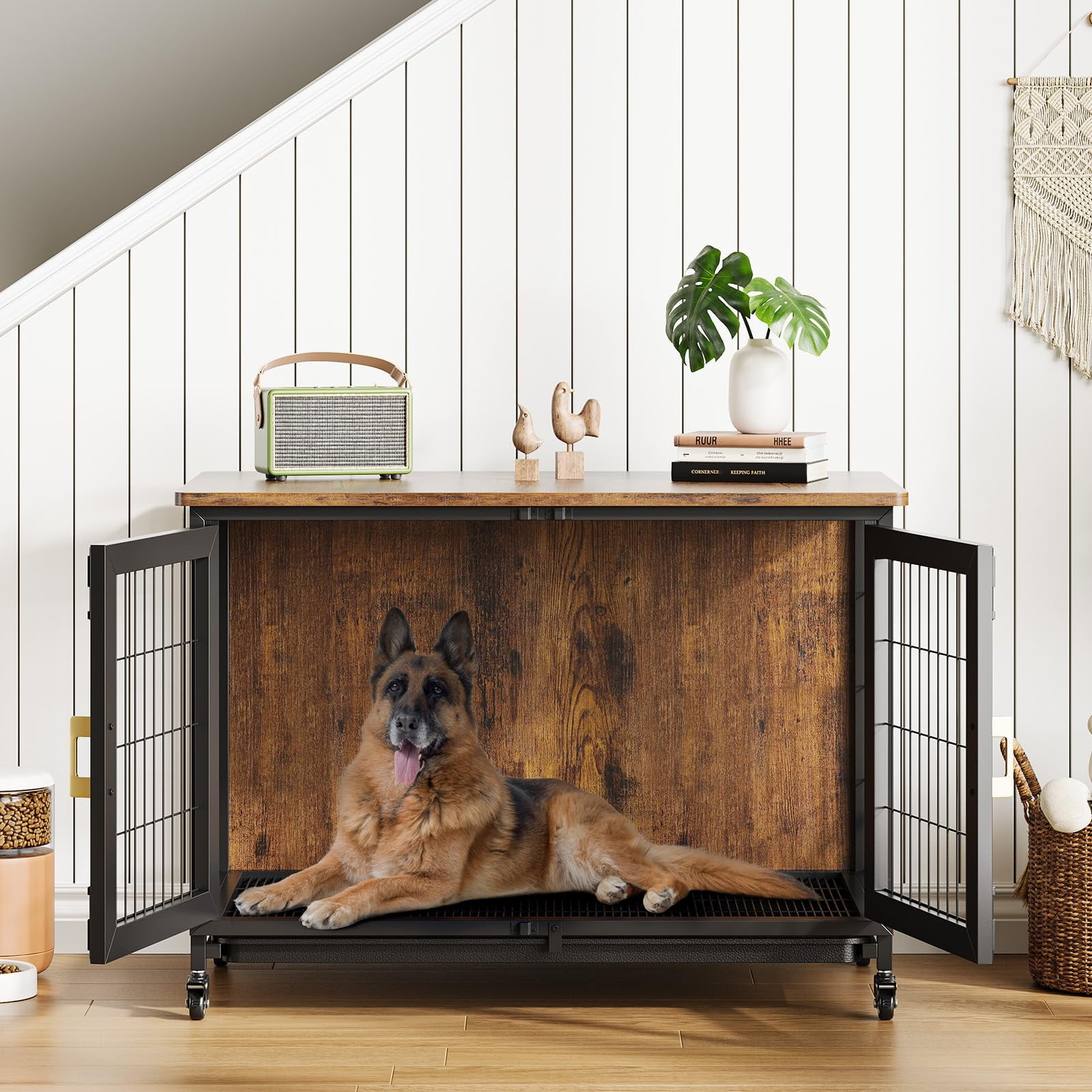 Juiluna 37.5 Inch Dog Kennel Furniture, Heavy Duty Dog Crate Furniture with Wheels, Grid Base, Removable Tray, Latches, Indoor Farmhouse Dog Cage for Medium and Small Dogs, Brown
