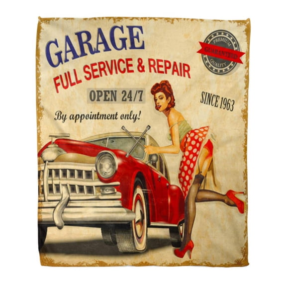 KDAGR 50x60 inch Super Soft Throw Blanket Car Vintage Garage Retro Girl 1960S Mechanic Classic Signboard 1950S Aged Home Decorative Flannel Velvet Plush Blanket