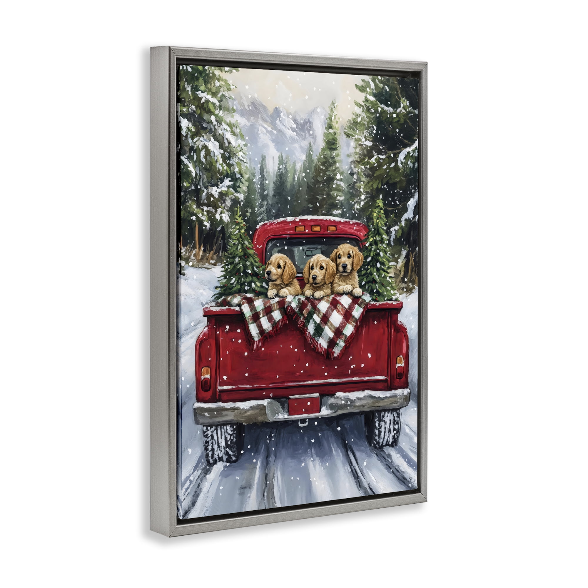 Golden Pups Christmas Truck Gray Framed Floater Canvas Wall Art, design by Petal Prints Design