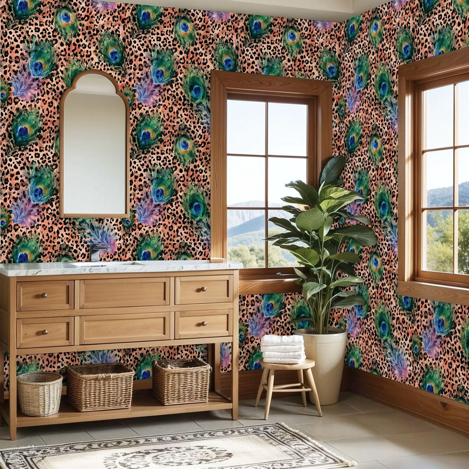 Peel and Stick Wallpaper Peacock Feather Leopard Print Art Vibrant Colors Wall Mural 23.6in x 9.8ft Self Adhesive Removable Wall Paper Renter Friendly Wallpaper for Nursery Bedroom Cabinets