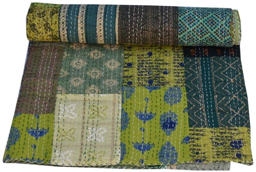 Fish Print Indian Hand Block Cotton Kantha Baby Bedspread Quilt Ralli Blanket 