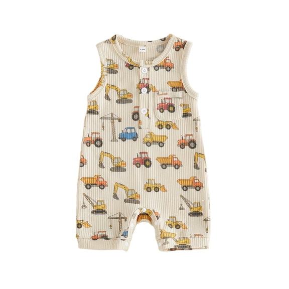 BemeyourBBs Newborn Baby Boy Summer Clothes Infant Baby Boys Farm Outfit Waffled Knit One Piece Romper 0 3 6 9 12 Months Sleeveless Excavator Tractor Print Half Button Jumpsuit Shorts