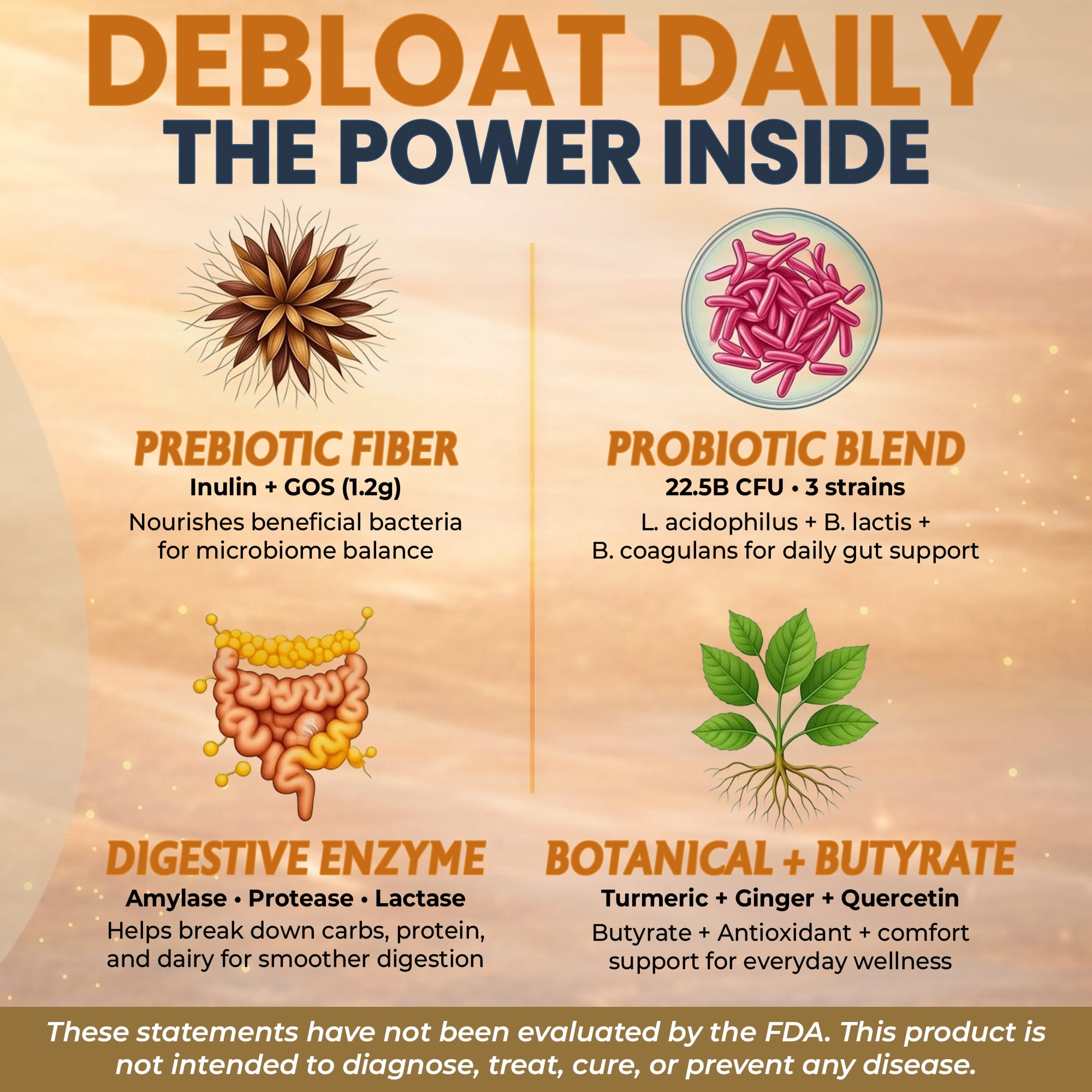 Debloat Daily 3-in-1 Prebiotic, Probiotic & Digestive Enzyme Gummies - 22.2B CFU Gut Health & Bloating Relief - Tropical, 60ct