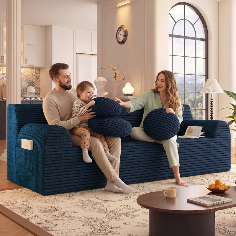 PORKISS 71 Inch Blue Corduroy Couch, Boneless Cloud Couch, No Assembly Floor Sofa with 3 Round Pillows, Comfy 3 Seater Sofa Couch for Living Room, Apartment, Bedroom, Small Space