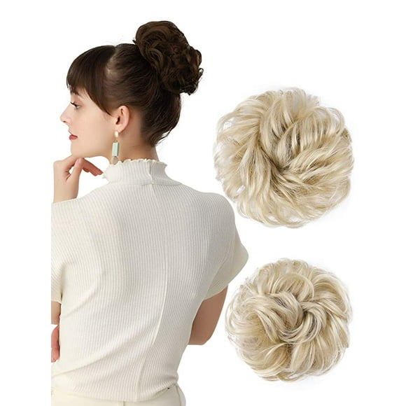 Thick 2PCS Updo Messy Hair Bun Curly Wavy Ponytail Extensions Hairpieces Hair Scrunchies for Women Girls Color Pale Blonde