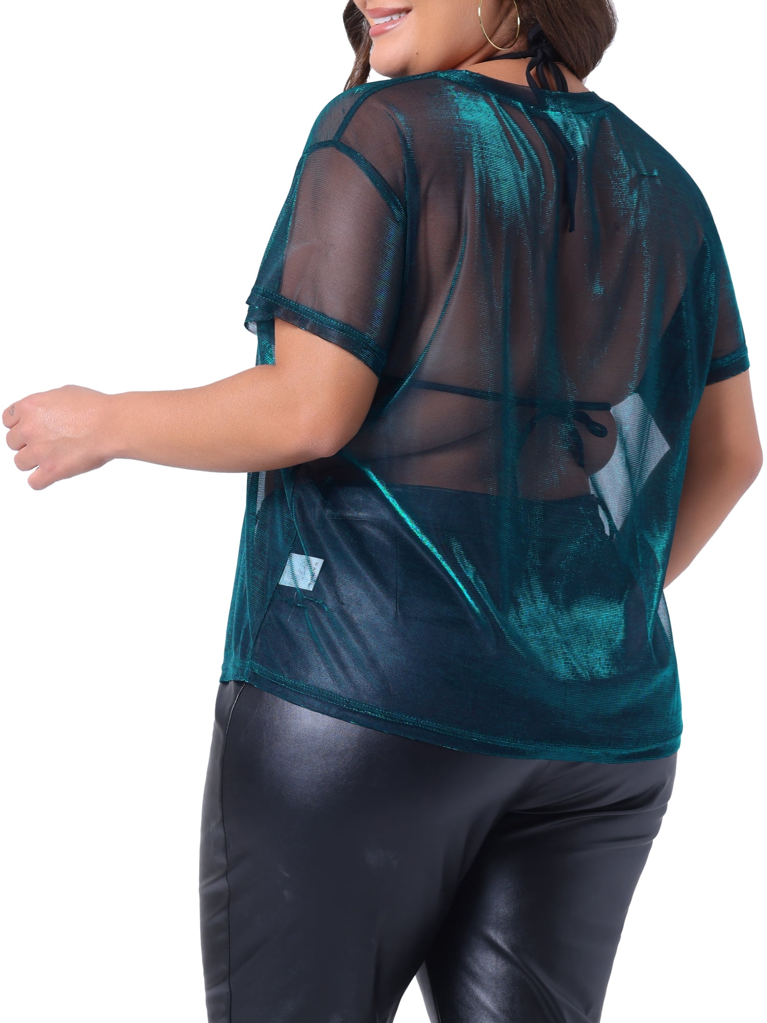 DARING DIVA Women's Plus Size Sheer Mesh Holographic See Through Blouse 4X Cyan