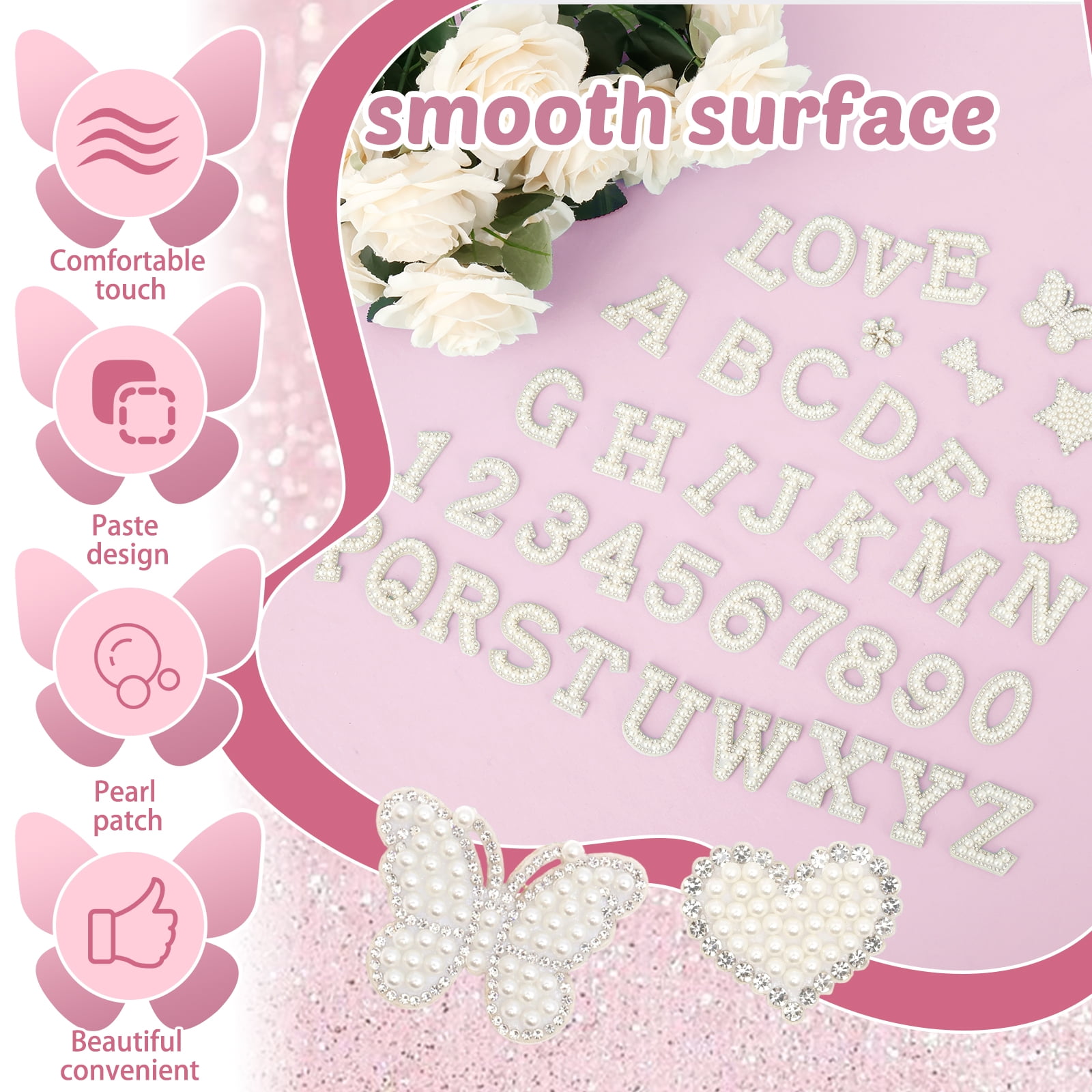 Threns 82Pcs Self Adhesive Imitation Pearl Letter Patches A-Z Number Patch 0-9 Glitter Letter Patches Imitation Rhinestone Applique for DIY Clothes Bags Shoes